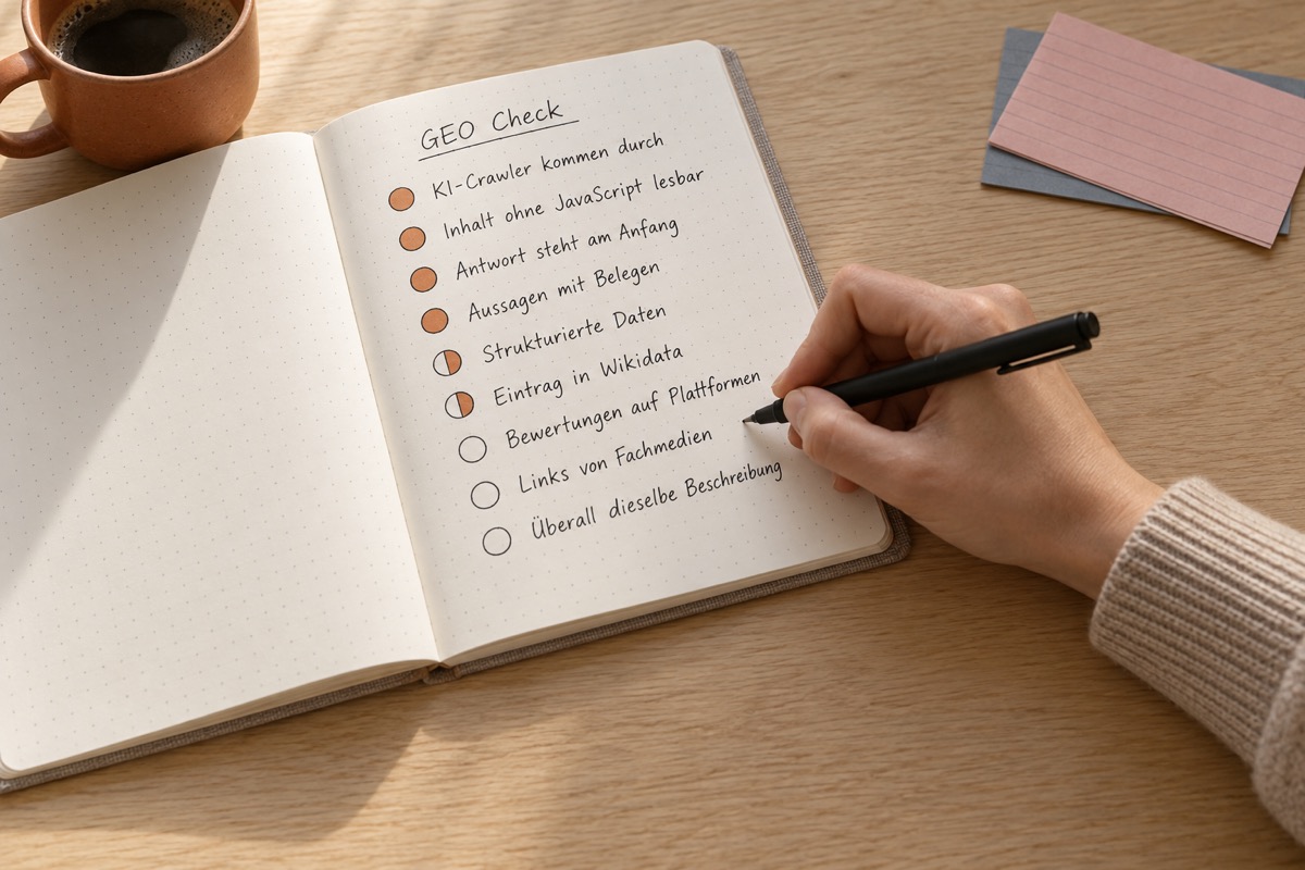 Handgeschriebene GEO-Checkliste im Notizbuch, die ersten Punkte sind abgehakt