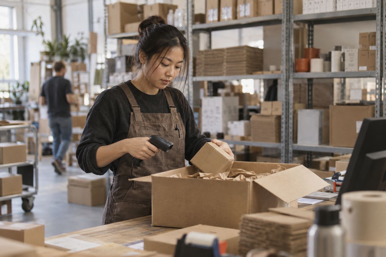 Warehouse employee packing an order