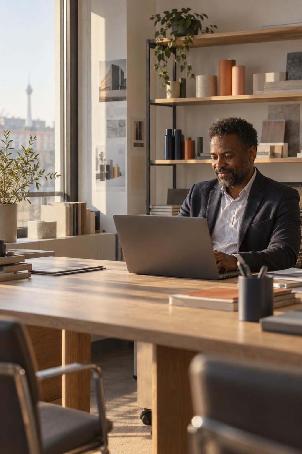 Managing director working on a laptop in a bright office with shelves