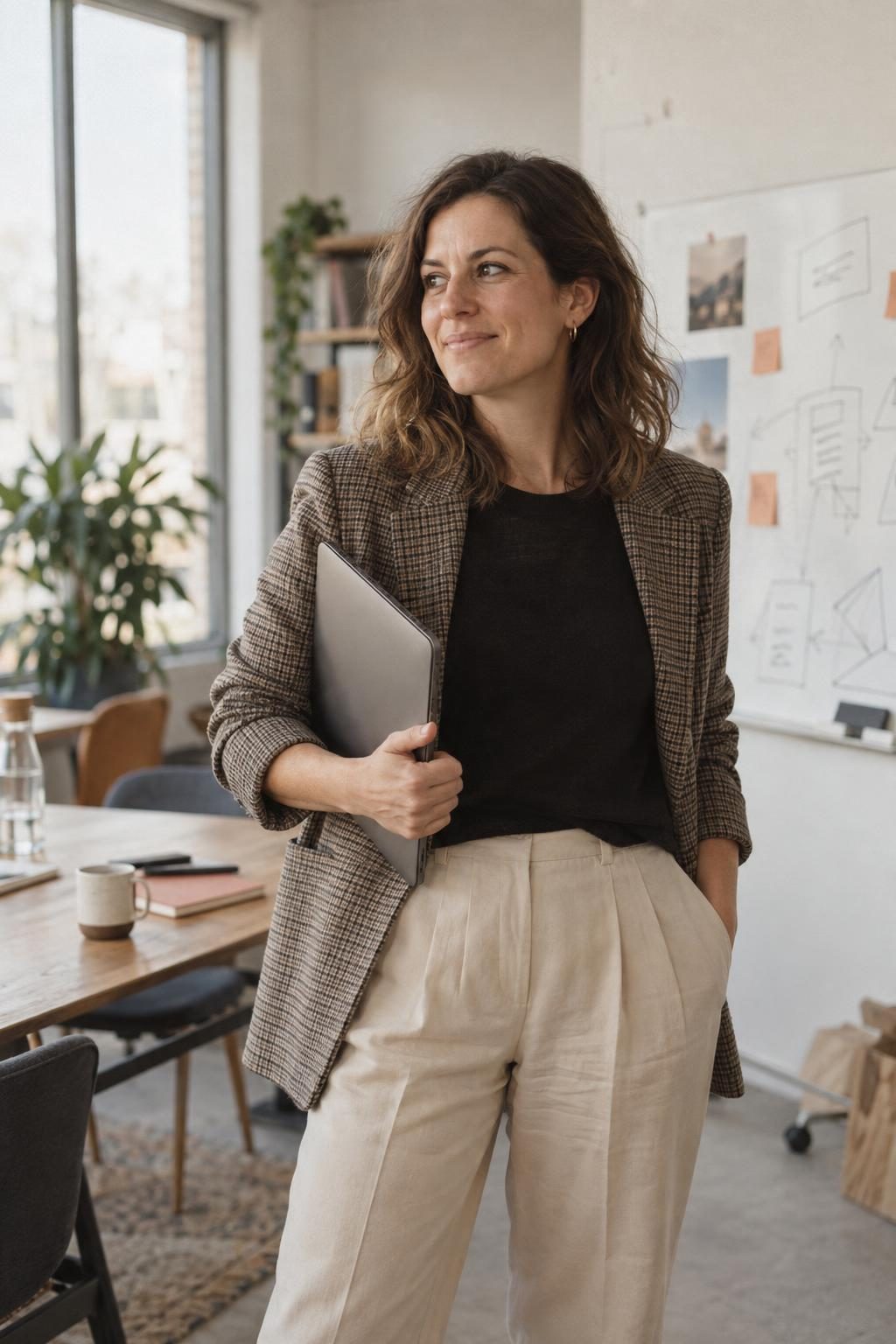 Head of marketing holding a laptop in a bright office