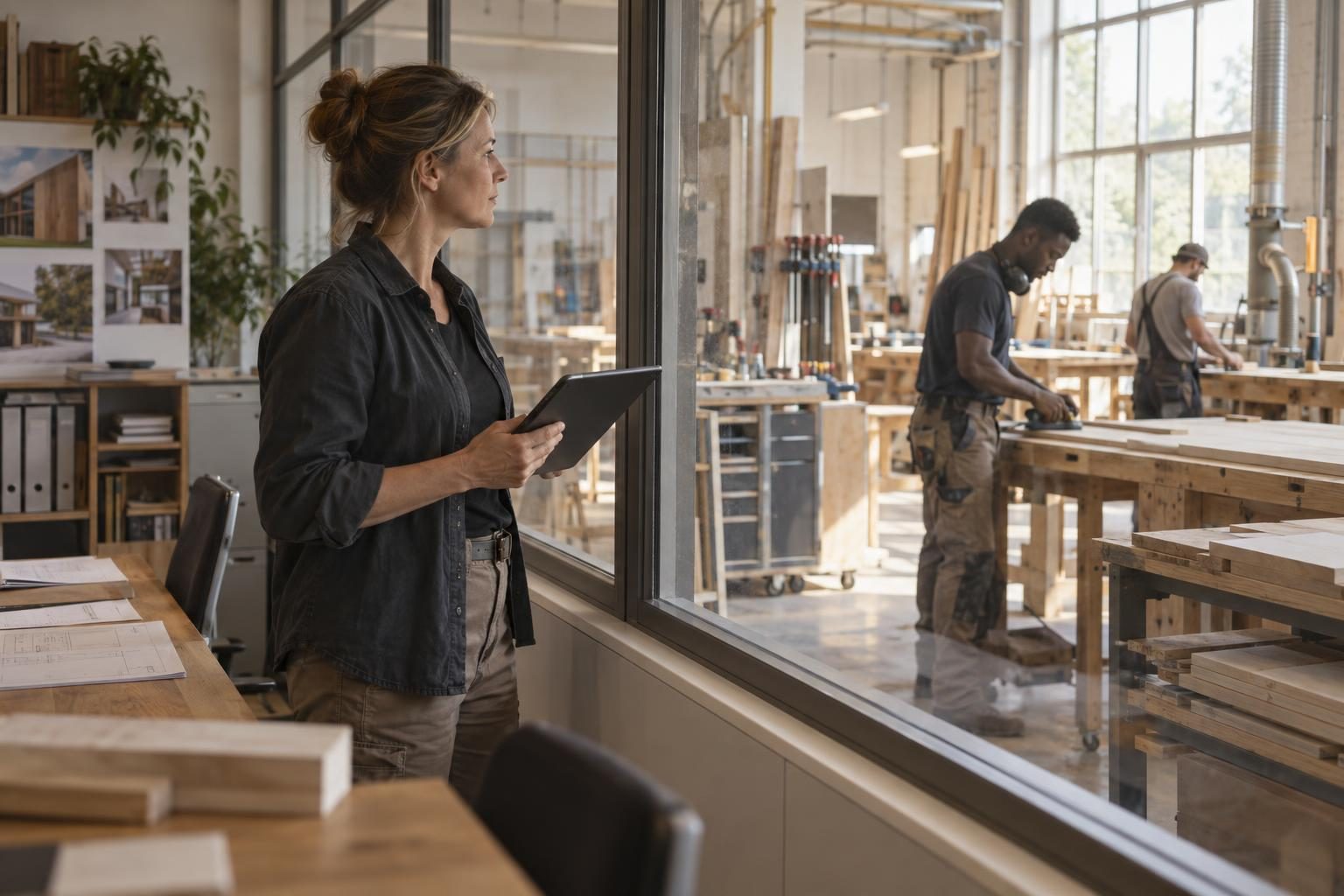 Business owner with a tablet at the window to her workshop