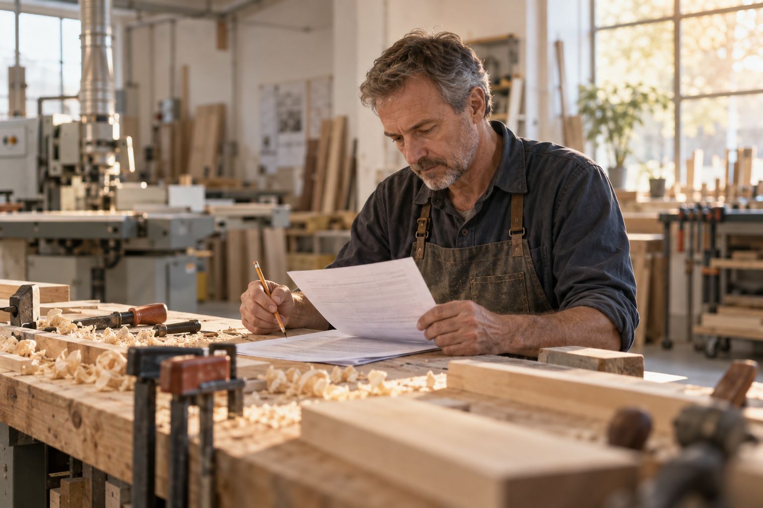 Carpenter reading a contract at his workbench